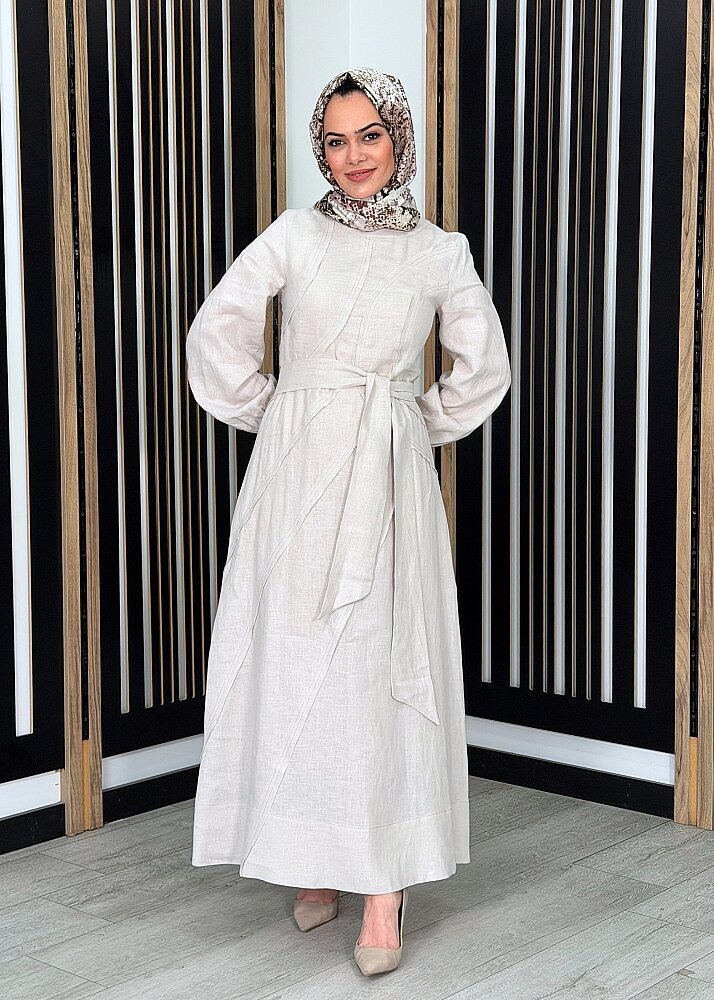 Clande Parça Detaylı Keten Elbise BEJ