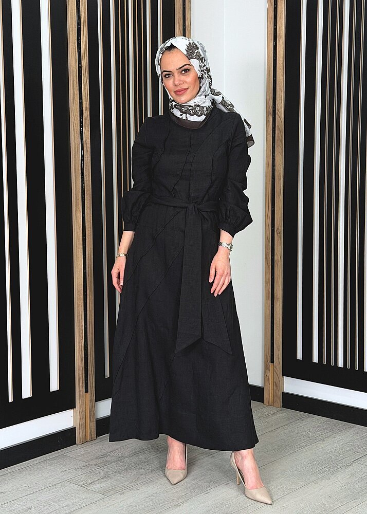 Clande Parça Detaylı Keten Elbise SİYAH