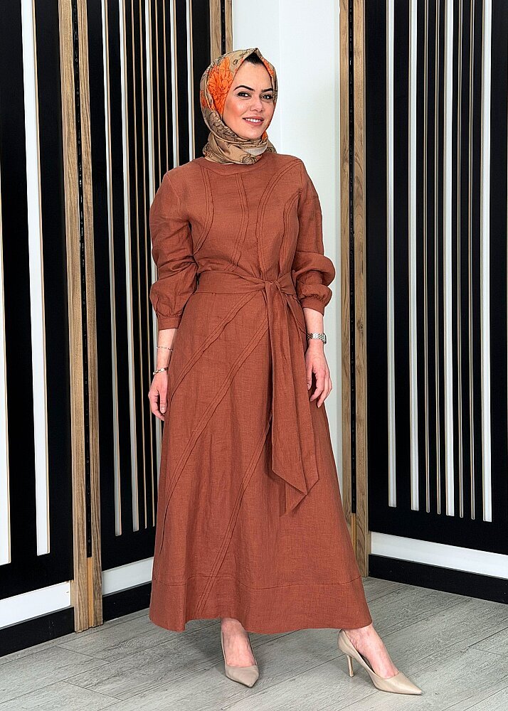 Clande Parça Detaylı Keten Elbise TARÇIN