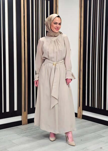 Clande Yakası Büzgülü Cupro Elbise BEJ - 2