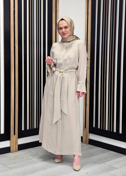 Clande Yakası Büzgülü Cupro Elbise BEJ - 3