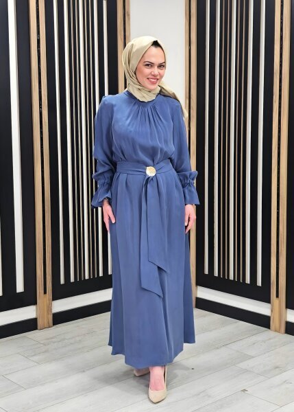 Clande Yakası Büzgülü Cupro Elbise İNDİGO - 2