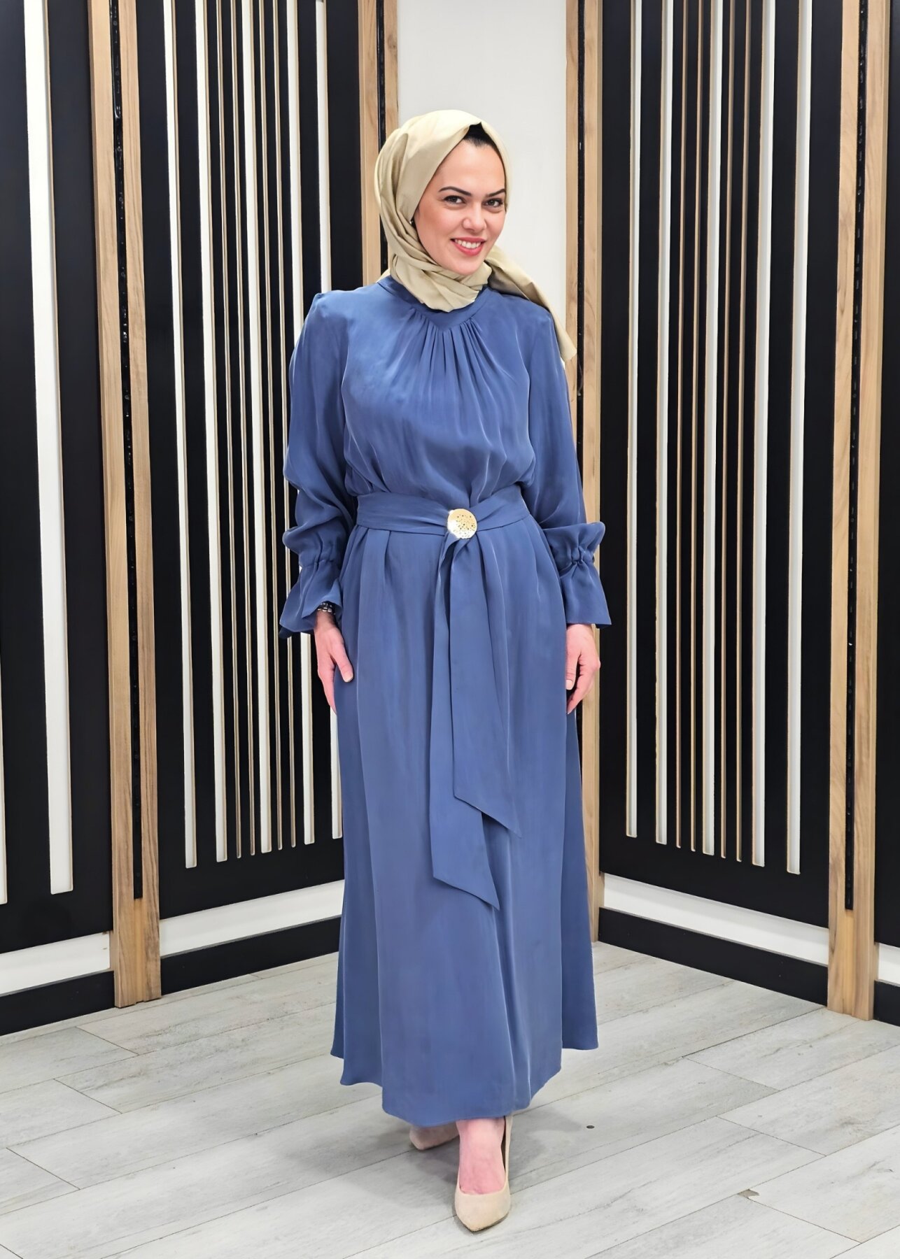 Clande Yakası Büzgülü Cupro Elbise İNDİGO - 2