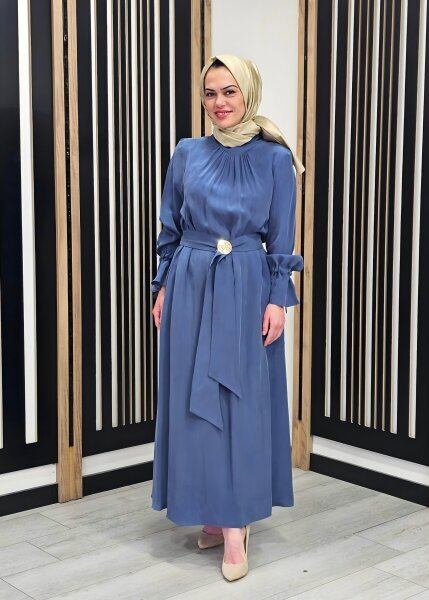 Clande Yakası Büzgülü Cupro Elbise İNDİGO - 3