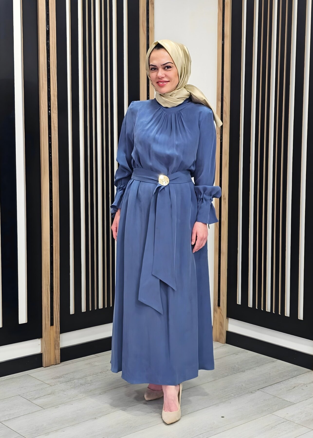 Clande Yakası Büzgülü Cupro Elbise İNDİGO - 3