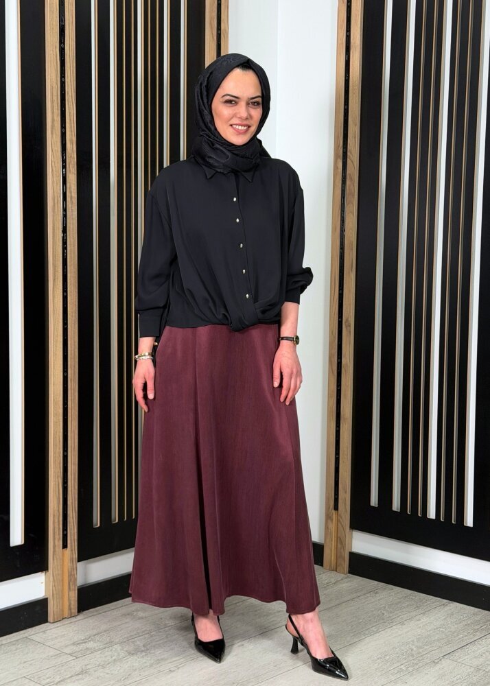 Clande Yanlardan Lastikli Cupro Etek BORDO - 2