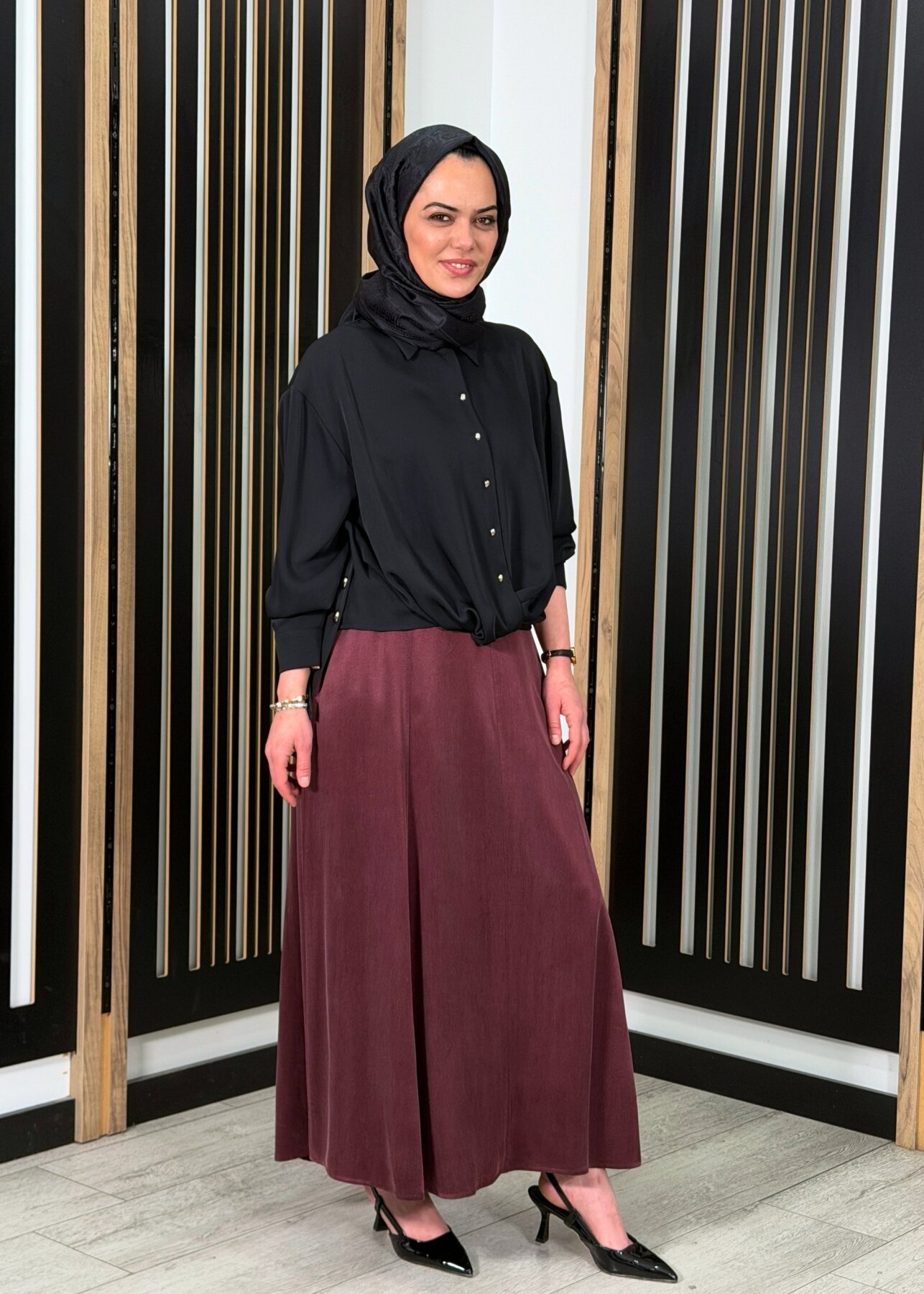 Clande Yanlardan Lastikli Cupro Etek BORDO - 1