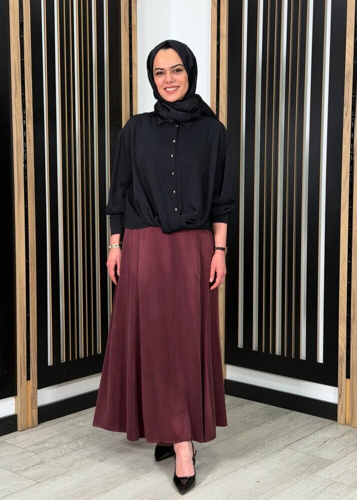 Clande Yanlardan Lastikli Cupro Etek BORDO - 3