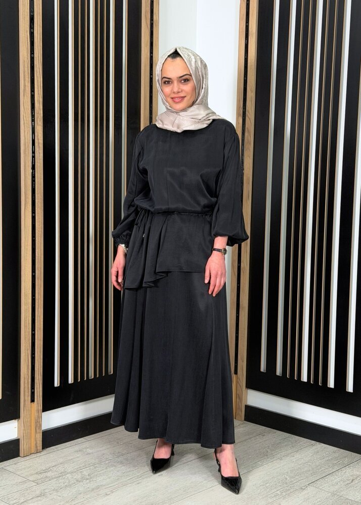 Clande Yanlardan Lastikli Cupro Etek SİYAH - 2