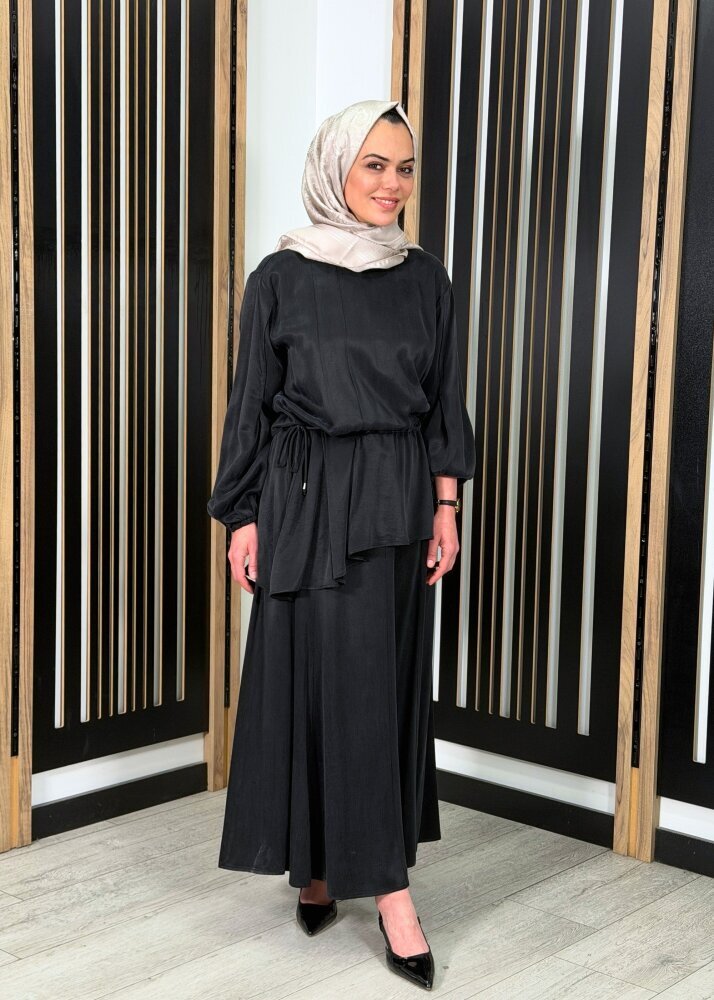 Clande Yanlardan Lastikli Cupro Etek SİYAH - 3