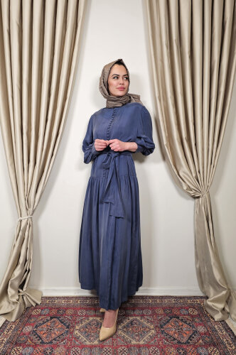 Clande Yarıya Kadar Düğmeli Elbise İNDİGO