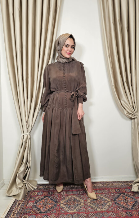 Clande Yarıya Kadar Düğmeli Elbise KAHVE - 1