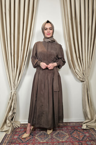 Clande Yarıya Kadar Düğmeli Elbise KAHVE - 2