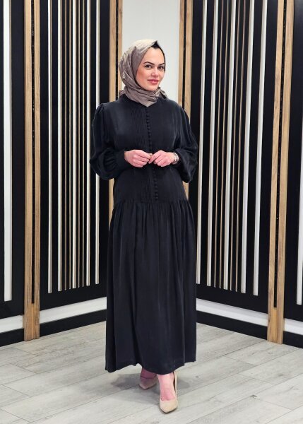 Clande Yarıya Kadar Düğmeli Elbise SİYAH