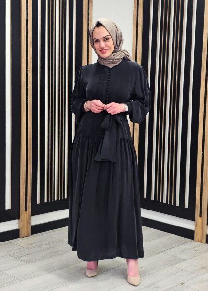 Clande Yarıya Kadar Düğmeli Elbise SİYAH - 2