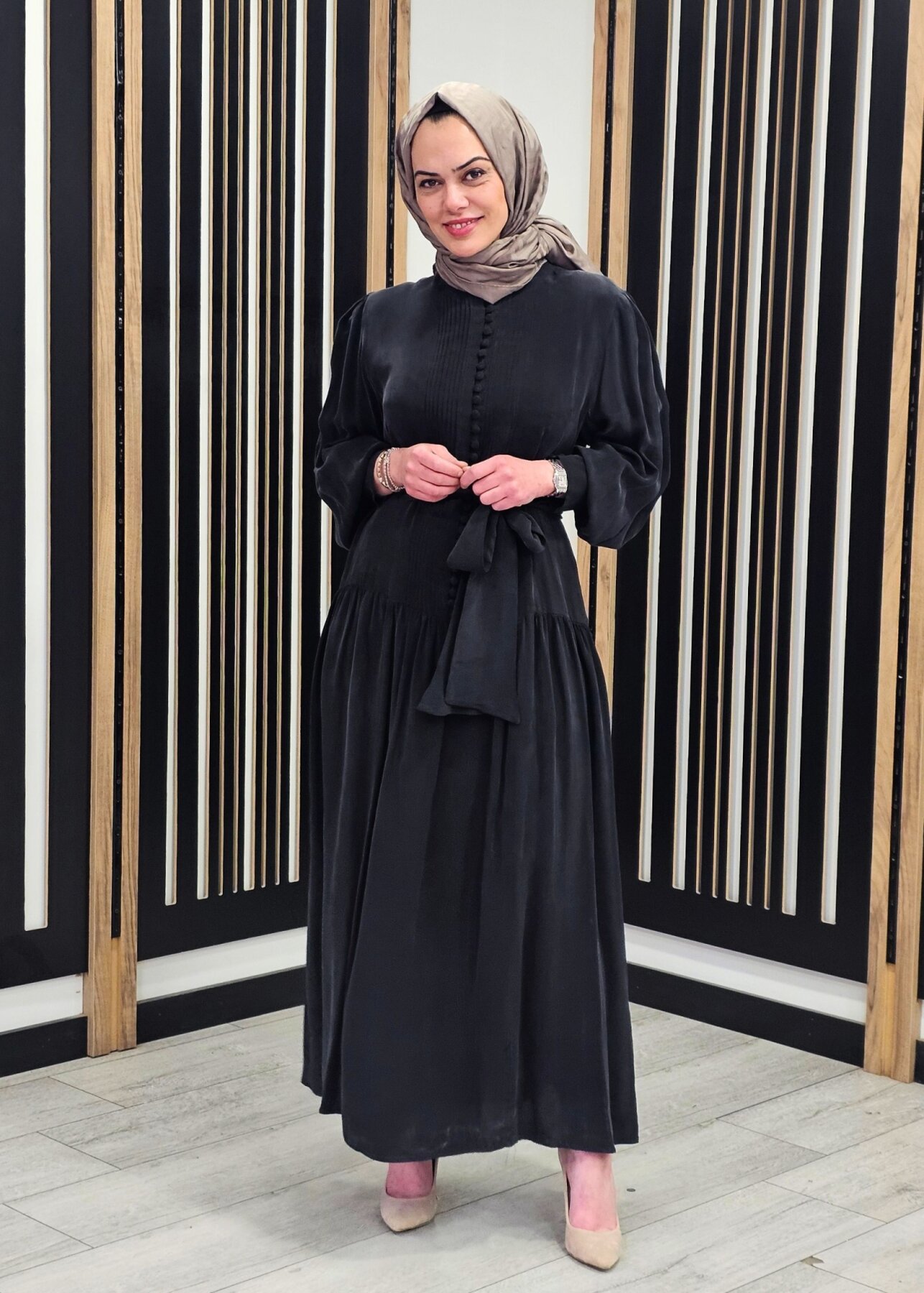 Clande Yarıya Kadar Düğmeli Elbise SİYAH - 2