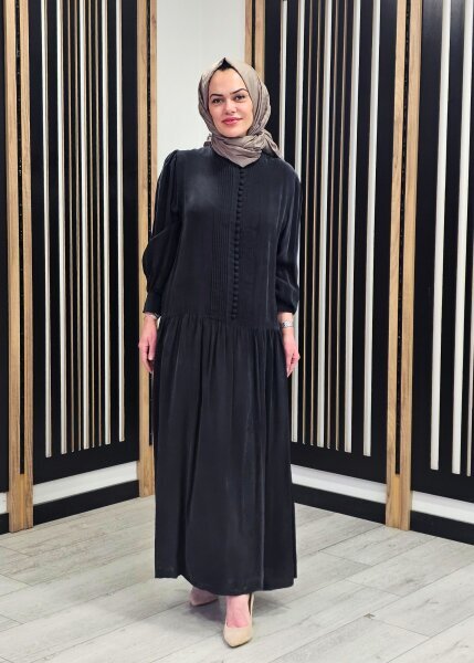 Clande Yarıya Kadar Düğmeli Elbise SİYAH - 3