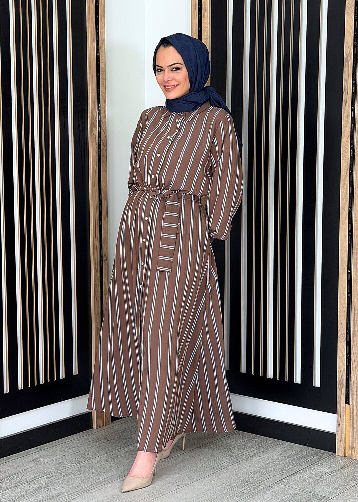 Cloche Elya Çizgili Elbise KAHVE