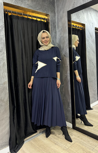 CLoche Geometrik Triko Bluz LACİVERT - CLOCHE