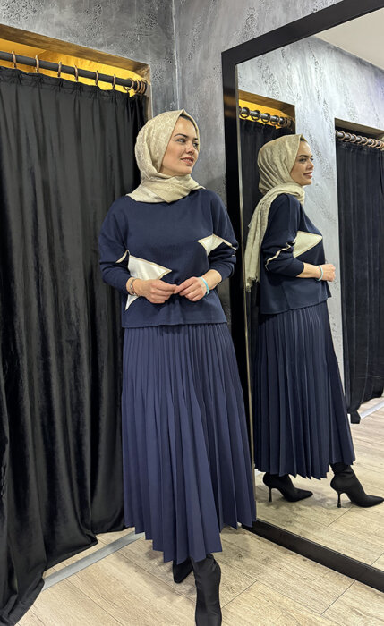 CLoche Geometrik Triko Bluz LACİVERT - 6