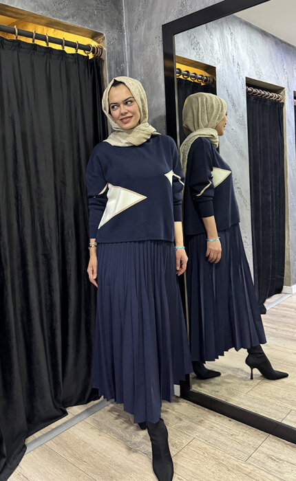 CLoche Geometrik Triko Bluz LACİVERT - 9