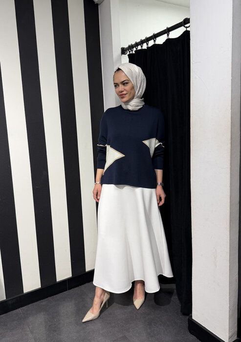 CLoche Geometrik Triko Bluz LACİVERT - 1