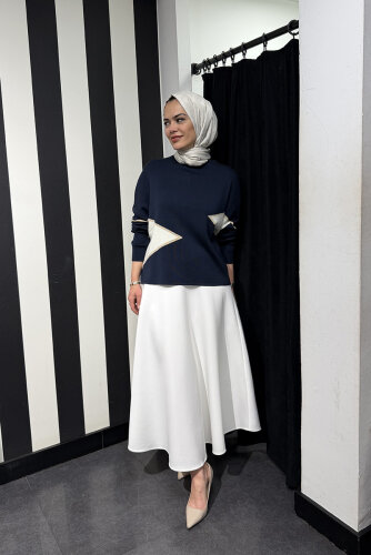 CLoche Geometrik Triko Bluz LACİVERT - 4