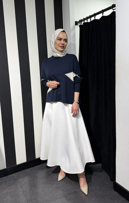 CLoche Geometrik Triko Bluz LACİVERT - 2