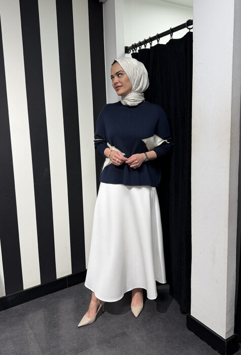 CLoche Geometrik Triko Bluz LACİVERT - 3