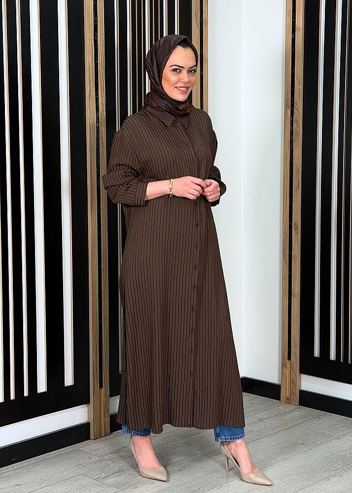 Cloche Mona Çizgili Uzun Gömlek KAHVE - 2