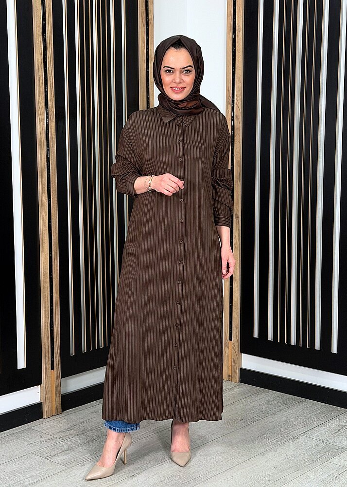 Cloche Mona Çizgili Uzun Gömlek KAHVE - 3