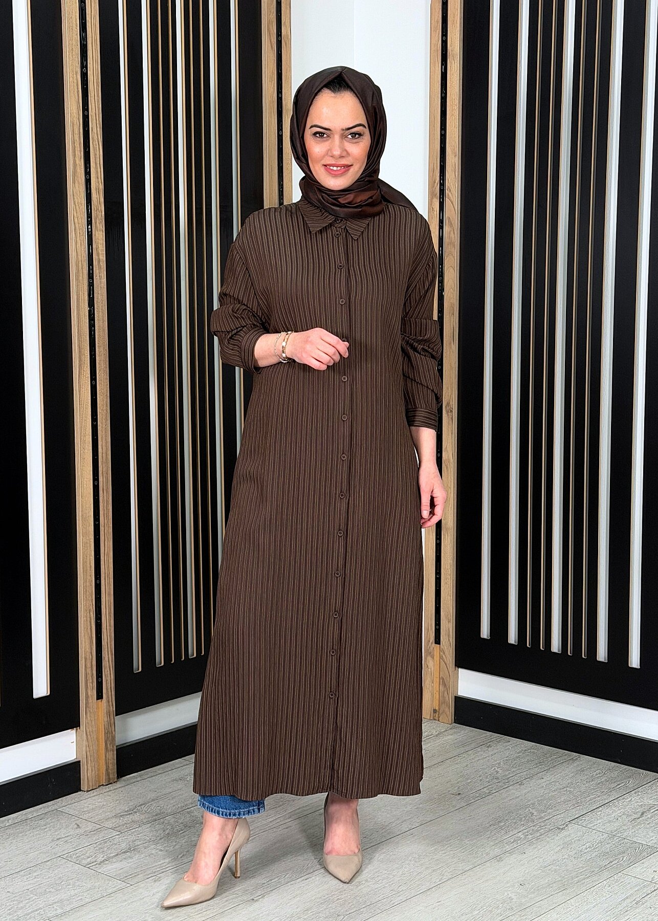 Cloche Mona Çizgili Uzun Gömlek KAHVE - 3