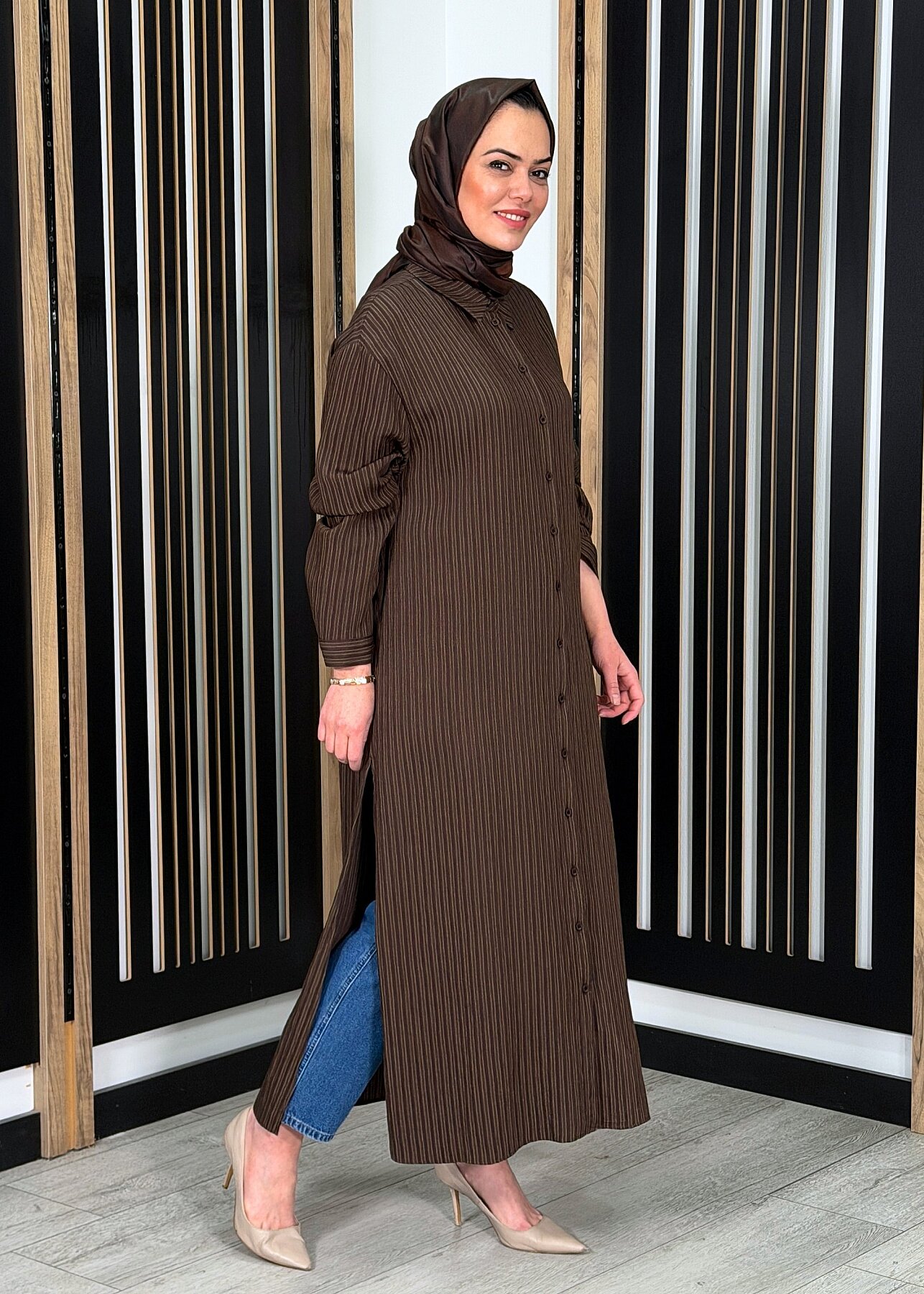 Cloche Mona Çizgili Uzun Gömlek KAHVE - 1