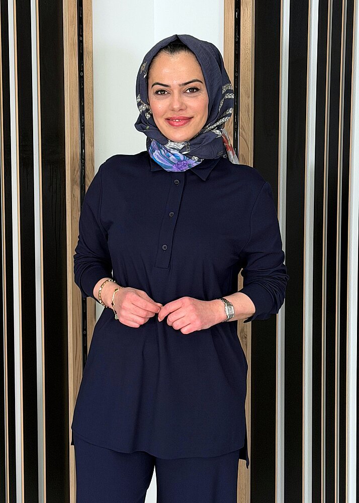 Cloche Önü Düğmeli Tril Bluz LACİVERT