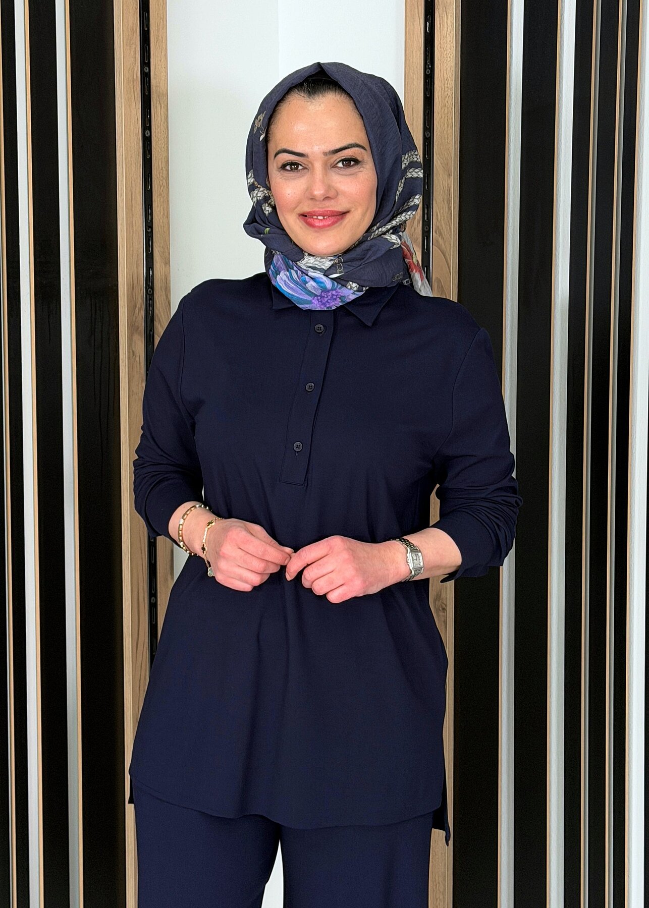Cloche Önü Düğmeli Tril Bluz LACİVERT - 1