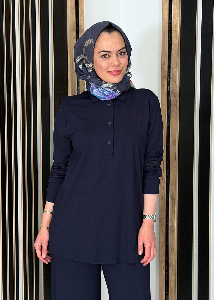 Cloche Önü Düğmeli Tril Bluz LACİVERT - 2