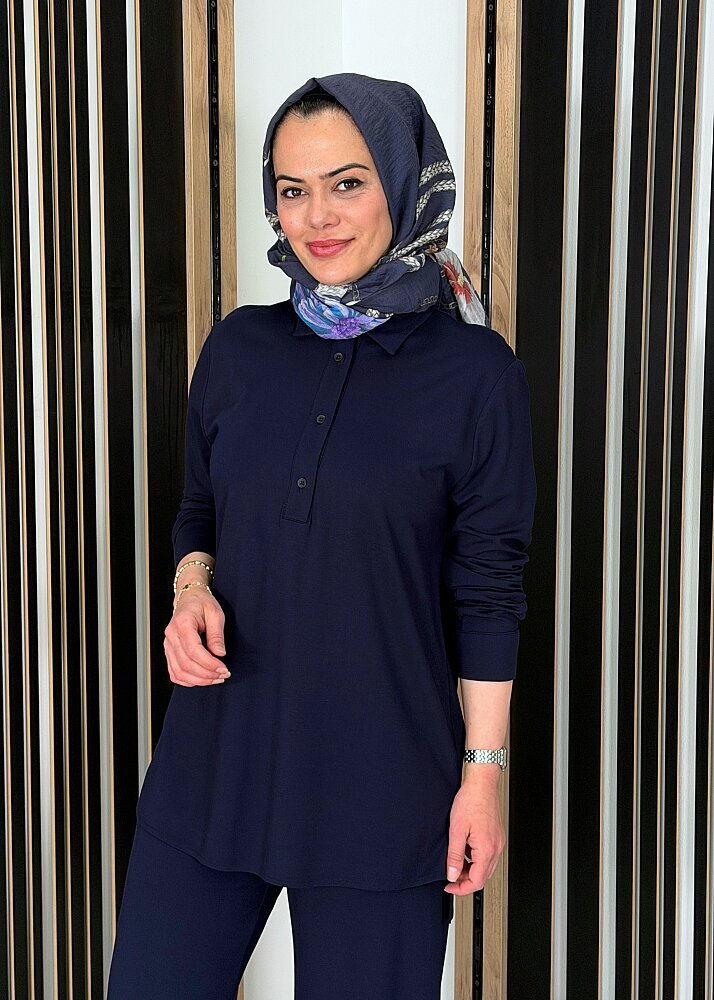 Cloche Önü Düğmeli Tril Bluz LACİVERT - 3
