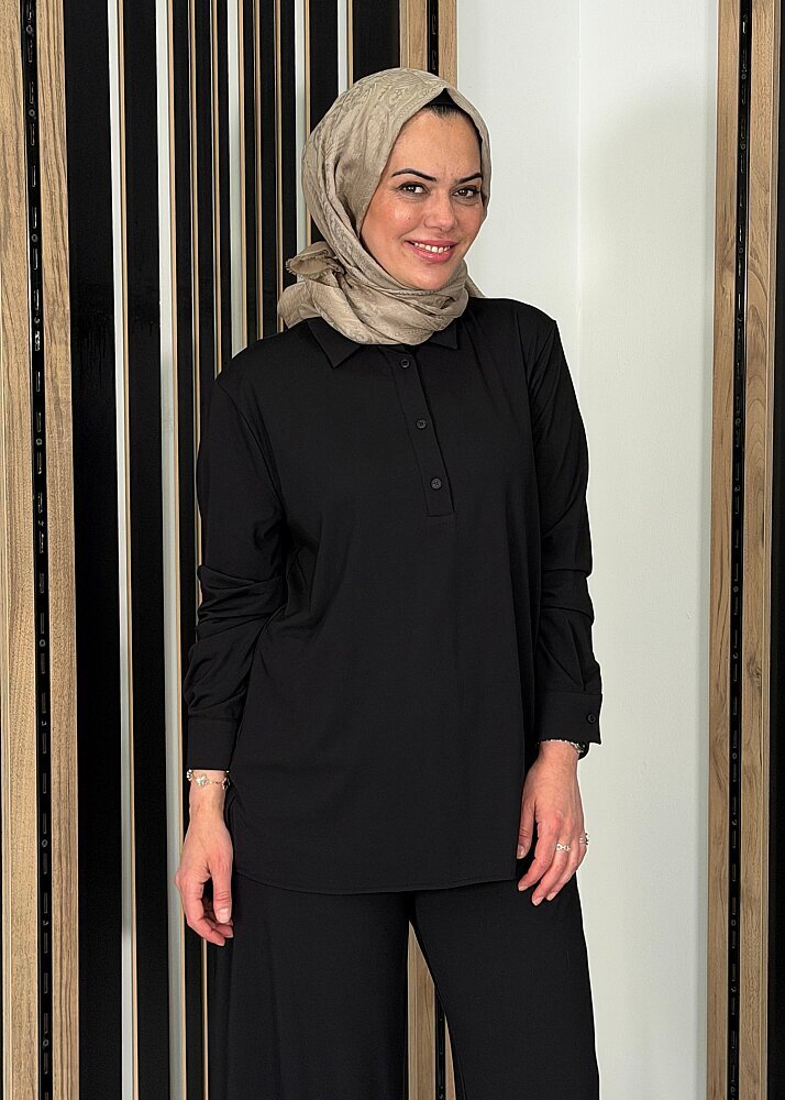 Cloche Önü Düğmeli Tril Bluz SİYAH - 3