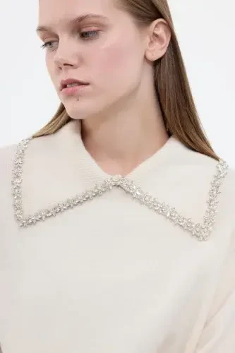 Cloche Taşlı Yakalı Triko Kazak EKRU - 3