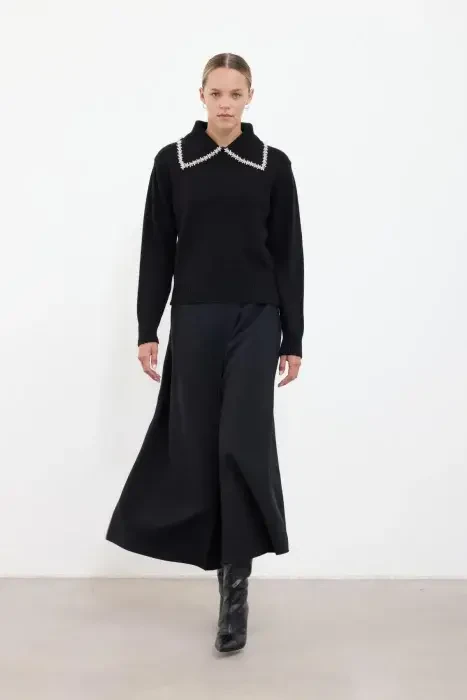 Cloche Taşlı Yakalı Triko Kazak SİYAH - 7