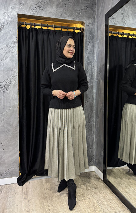 Cloche Taşlı Yakalı Triko Kazak SİYAH - 4