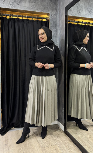 Cloche Taşlı Yakalı Triko Kazak SİYAH - 2