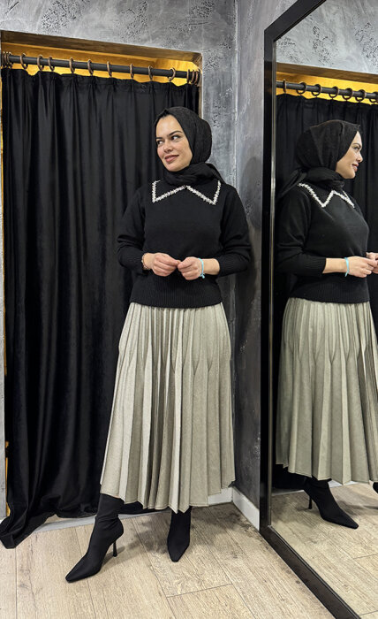 Cloche Taşlı Yakalı Triko Kazak SİYAH - 2