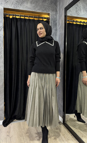 Cloche Taşlı Yakalı Triko Kazak SİYAH - 3