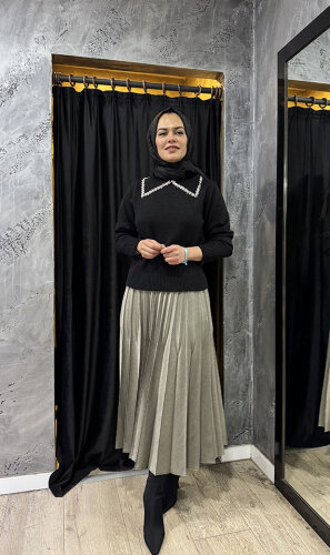 Cloche Taşlı Yakalı Triko Kazak SİYAH - 12