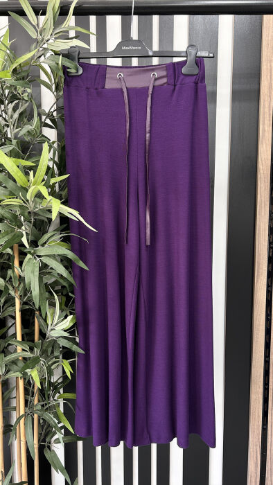 Hukka Beli Deri Detaylı Bol Pantolon MOR - 1