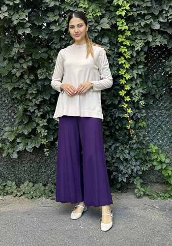 Hukka Beli Deri Detaylı Bol Pantolon MOR - 1