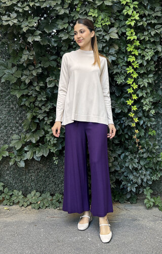 Hukka Beli Deri Detaylı Bol Pantolon MOR - 2