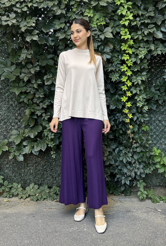 Hukka Beli Deri Detaylı Bol Pantolon MOR - 3