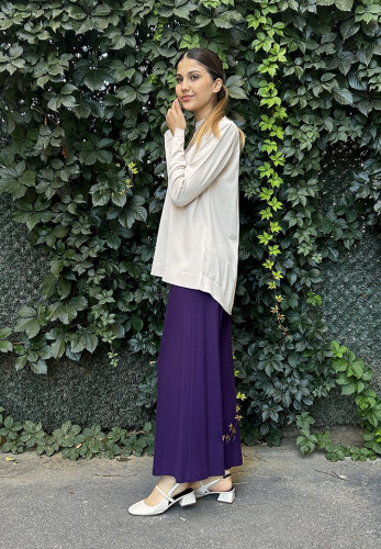 Hukka Beli Deri Detaylı Bol Pantolon MOR - 4